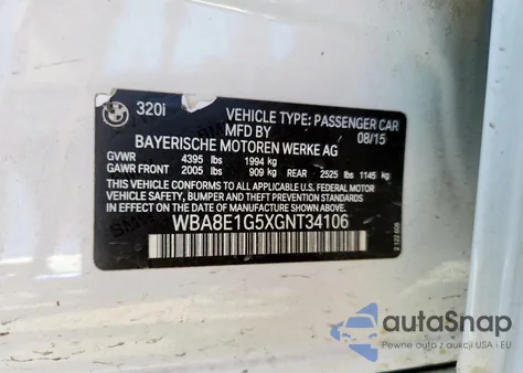 2016 BMW 320 I z USA, uszkodzony, nr VIN WBA8E1G5XGNT34106